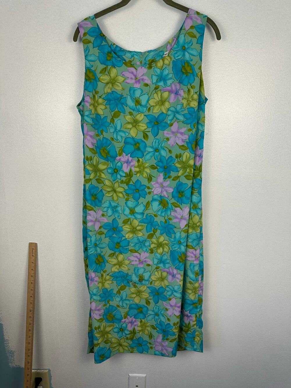 Vintage long sheath dress 80's, 90's floral flirty, cottage core, blue size 12